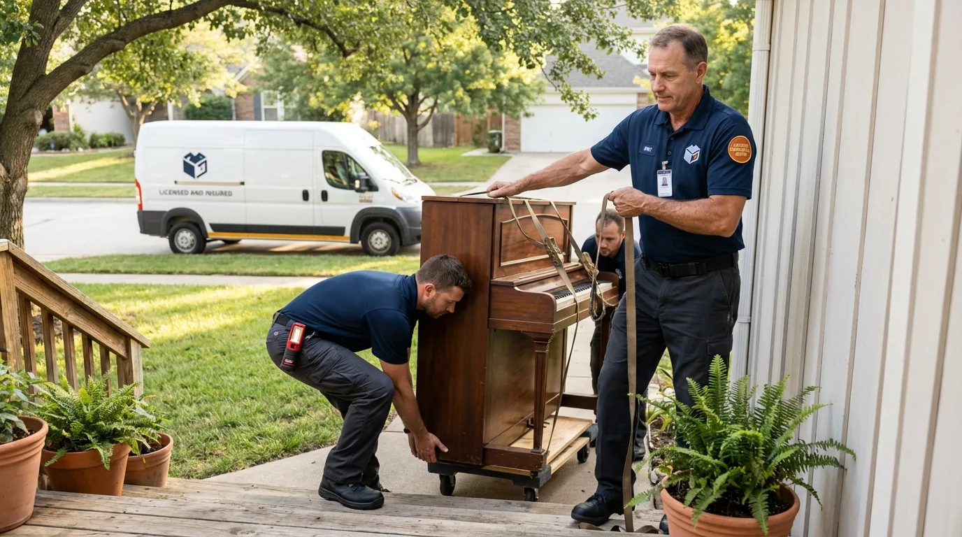 Licensed piano movers securing grand piano in Chillicothe, OH